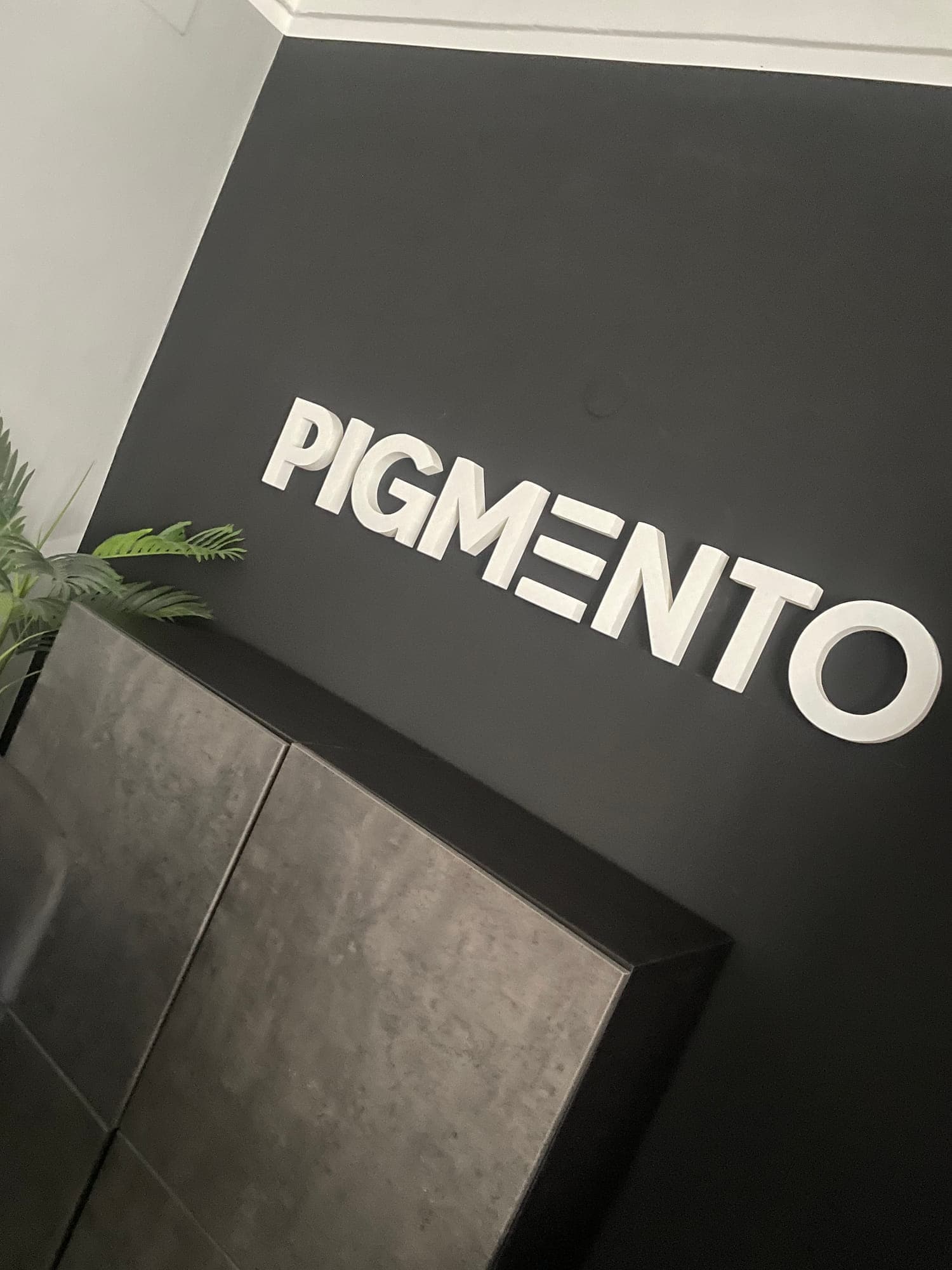 Pigmento Schriftzug auf der schwarzen Logowand im Studio